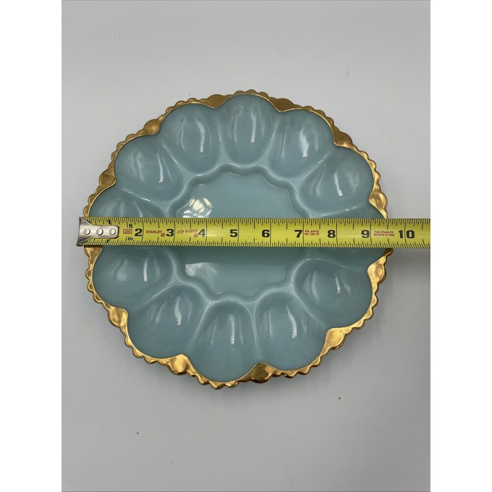Vintage Anchor Hocking Delphite Blue Milk Glass Deviled Egg Plate Gold Trim 10” - Picture 5 of 6
